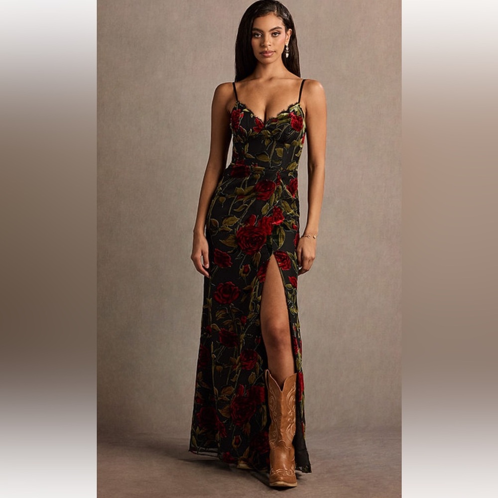 Azazie Black and Red Floral Maxi Dress